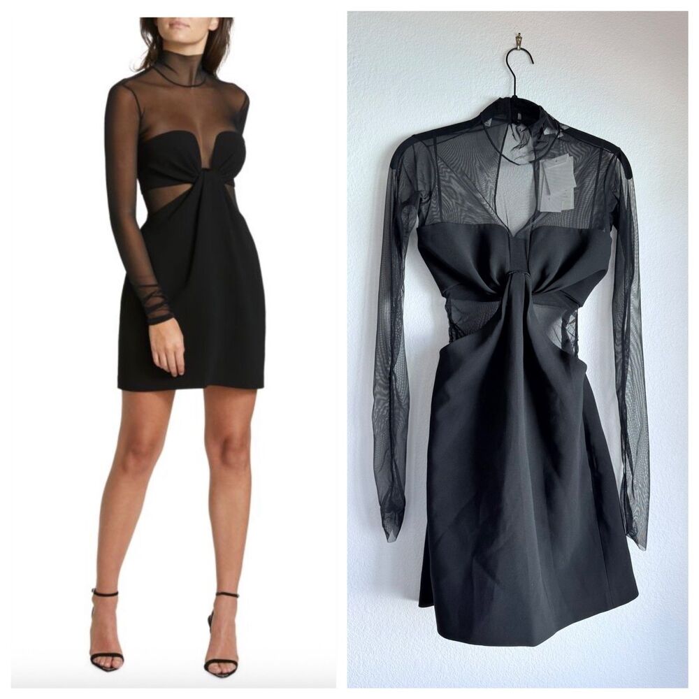 NWT A.L.C. Rita High-Neck Mesh Bodysuit Long Sleeve Mini Dress in Black Size 0